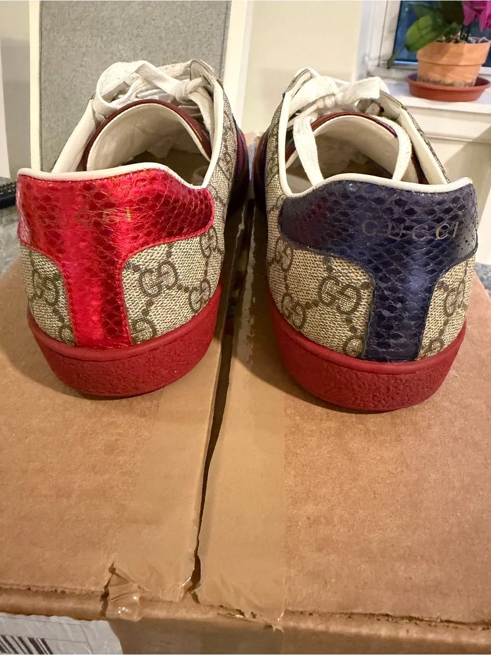 Gucci Beige GG Supreme Sneakers with Red Sole and Navy-Red Web